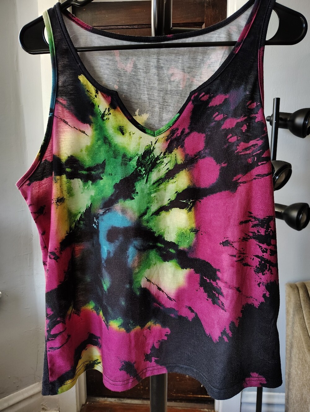 SHEIN Black Tie-Dye V-Neck Tank with Pink, Green & Yellow Accents
